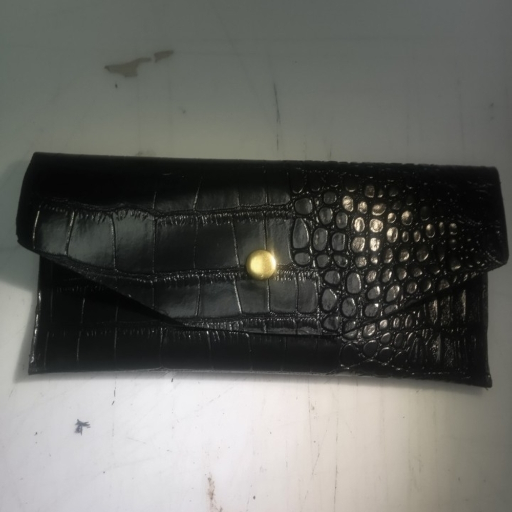Black Croc-Embossed Leather Wristlet Clutch
